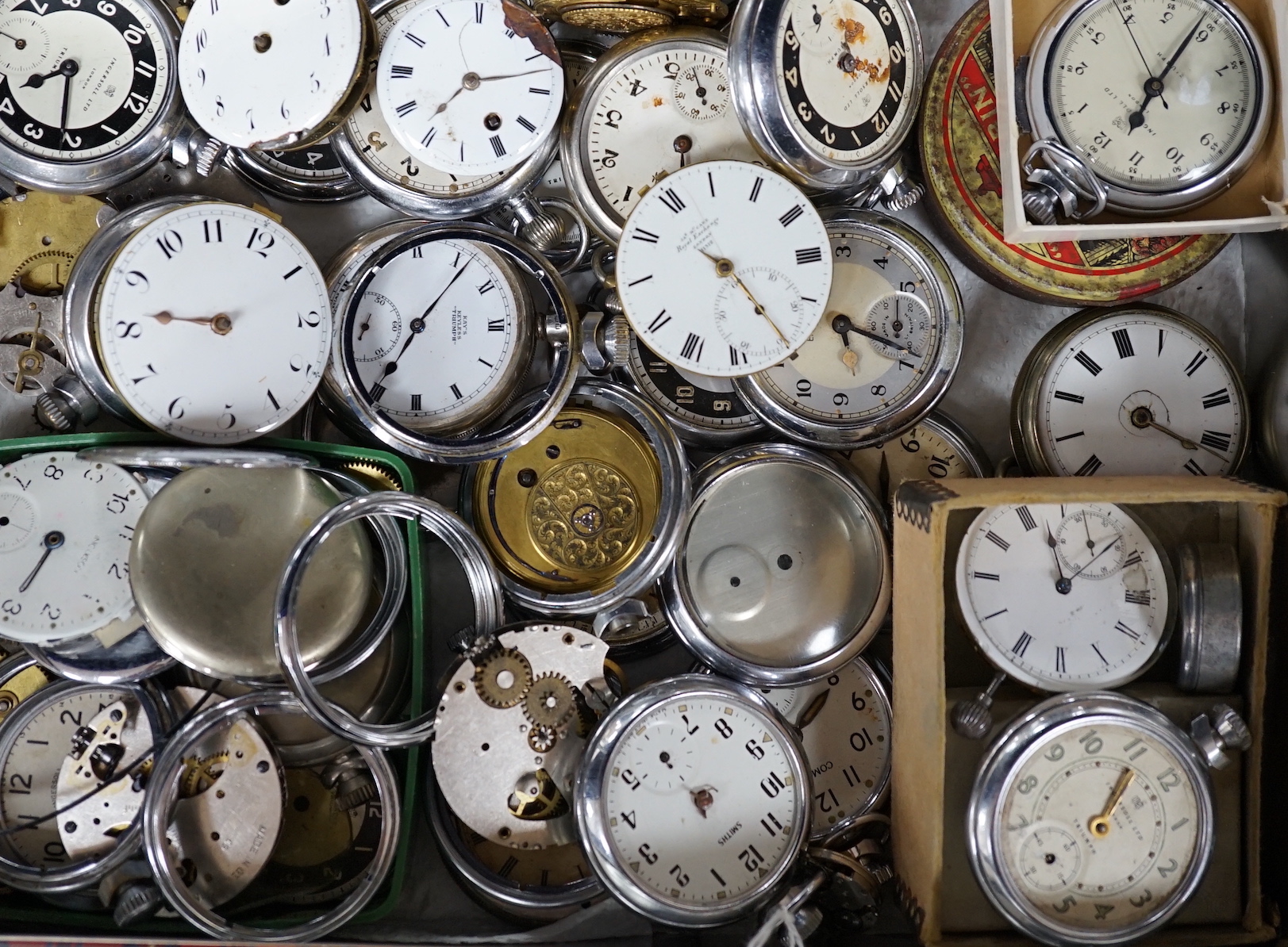 A quantity of assorted watch parts, movements, including Ingersoll, Smiths, Leonidas, etc.